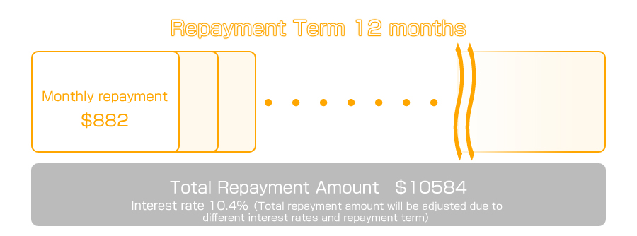 Interest rate 41.72%、Repayment Term 12 months
Monthly repayment　$5167
Total Repayment Amount　$62004
（Total repayment amount will be adjusted due to different interest rates and repayment term）
